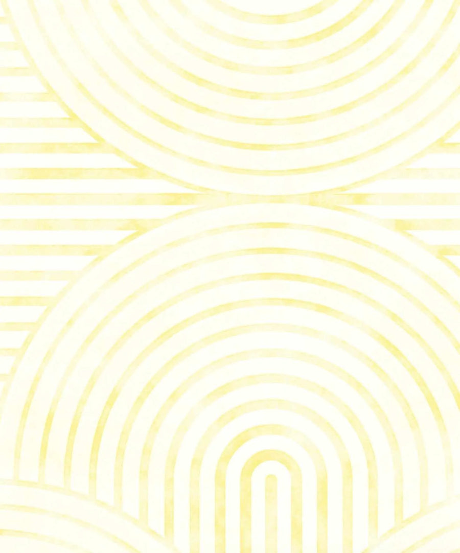 Peel and stick wallpaper featuring a repeating pattern of concentric arches in a soft, pale yellow against an off-white background. The arches are arranged in a half-circle design, with some appearing as full half-circles and others as partial curves, creating an interlocking, geometric effect. The pattern has a subtle, watercolor-like texture with slight variations in the yellow tone.