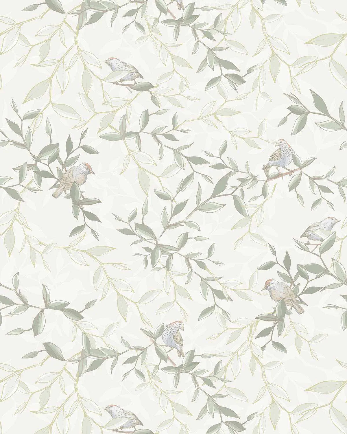 Peel and stick wallpaper featuring a repeating pattern of hand-drawn leafy branches in muted sage green and pale olive, with small sparrows perched on branches, against a soft white background. The botanical design has a delicate, organic illustrated quality with fine line work.