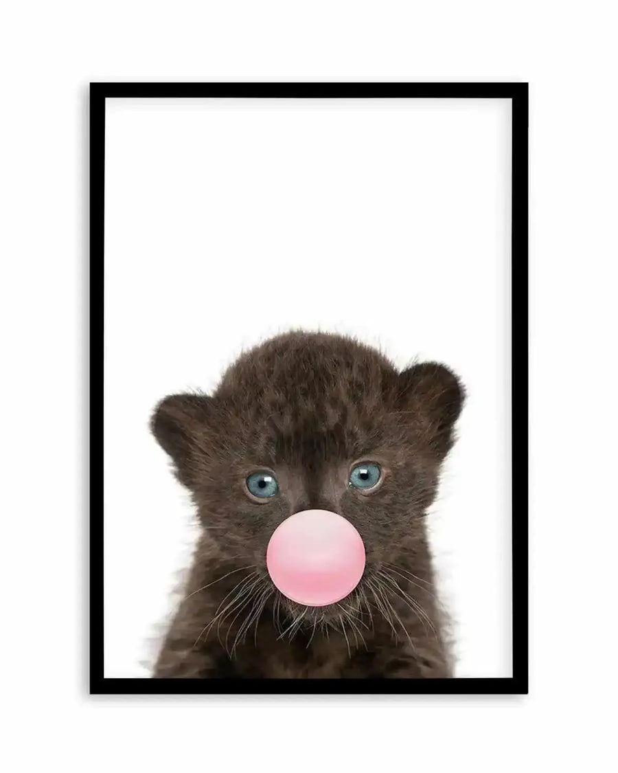 Little Black Leopard Cub | Blowing Pink Bubble Art Print art print