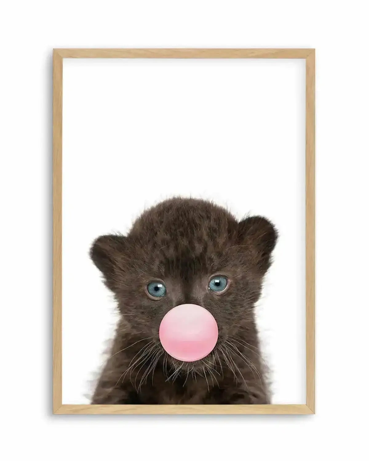 Little Black Leopard Cub | Blowing Pink Bubble Art Print from Olive et Oriel where you can shop wallpaper and artworks online