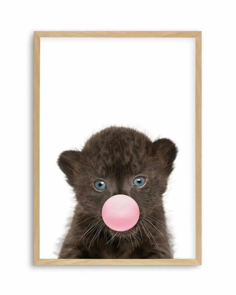 Little Black Leopard Cub | Blowing Pink Bubble Art Print art print