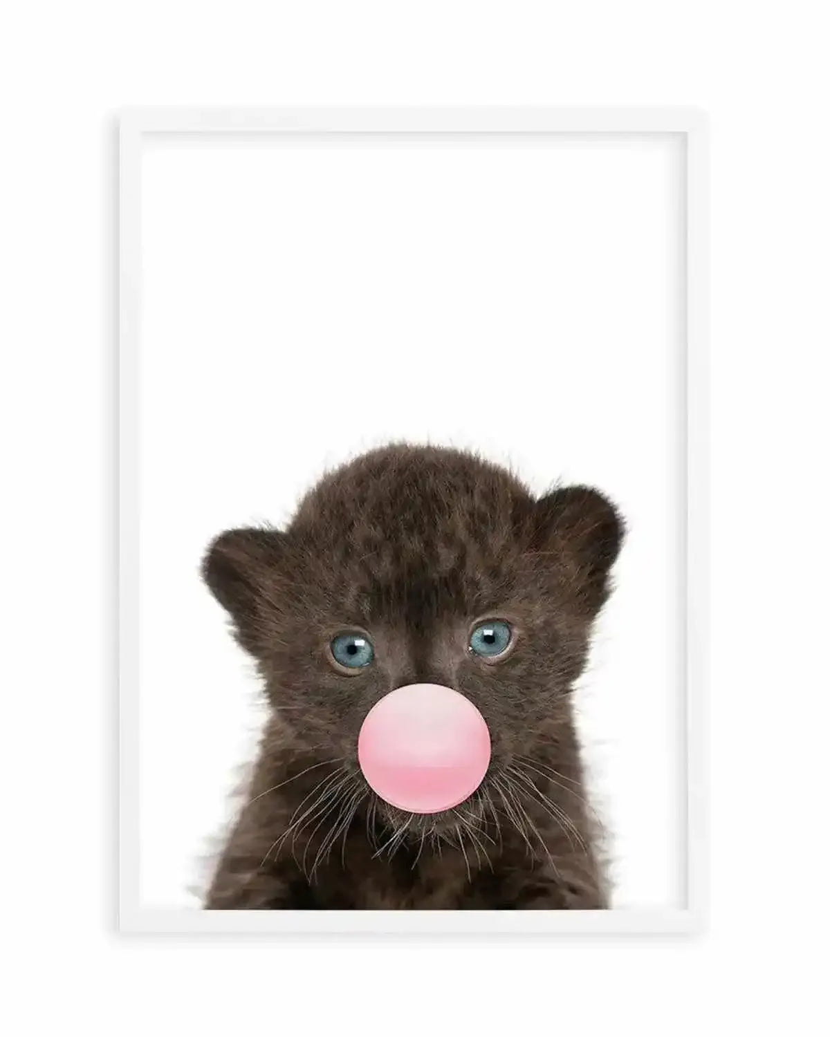 Little Black Leopard Cub | Blowing Pink Bubble Art Print from Olive et Oriel where you can shop wallpaper and artworks online