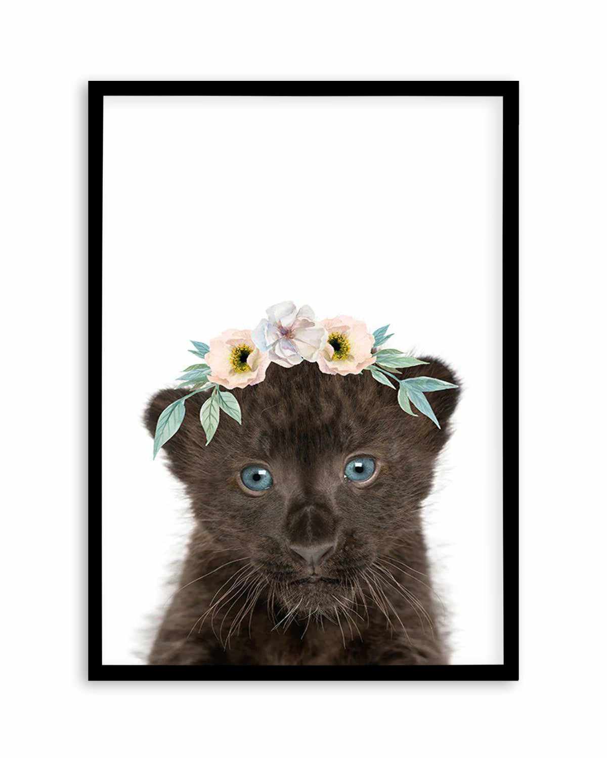 Little Black Leopard Cub | Flower Crown Art Print