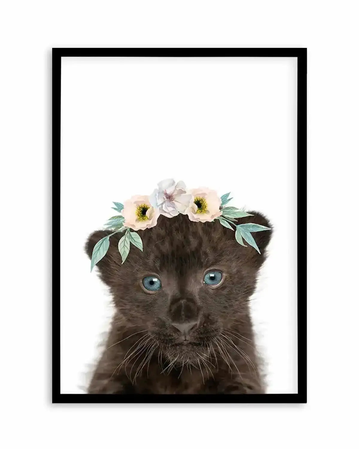 Little Black Leopard Cub | Flower Crown Art Print from Olive et Oriel where you can shop wallpaper and artworks online