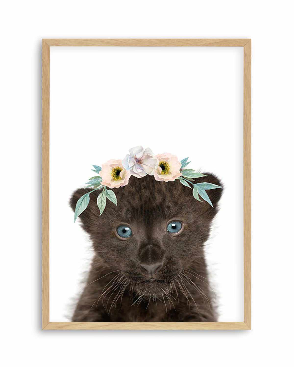 Little Black Leopard Cub | Flower Crown Art Print