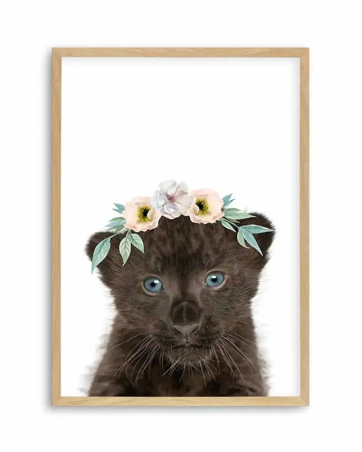 Little Black Leopard Cub | Flower Crown Art Print from Olive et Oriel where you can shop wallpaper and artworks online