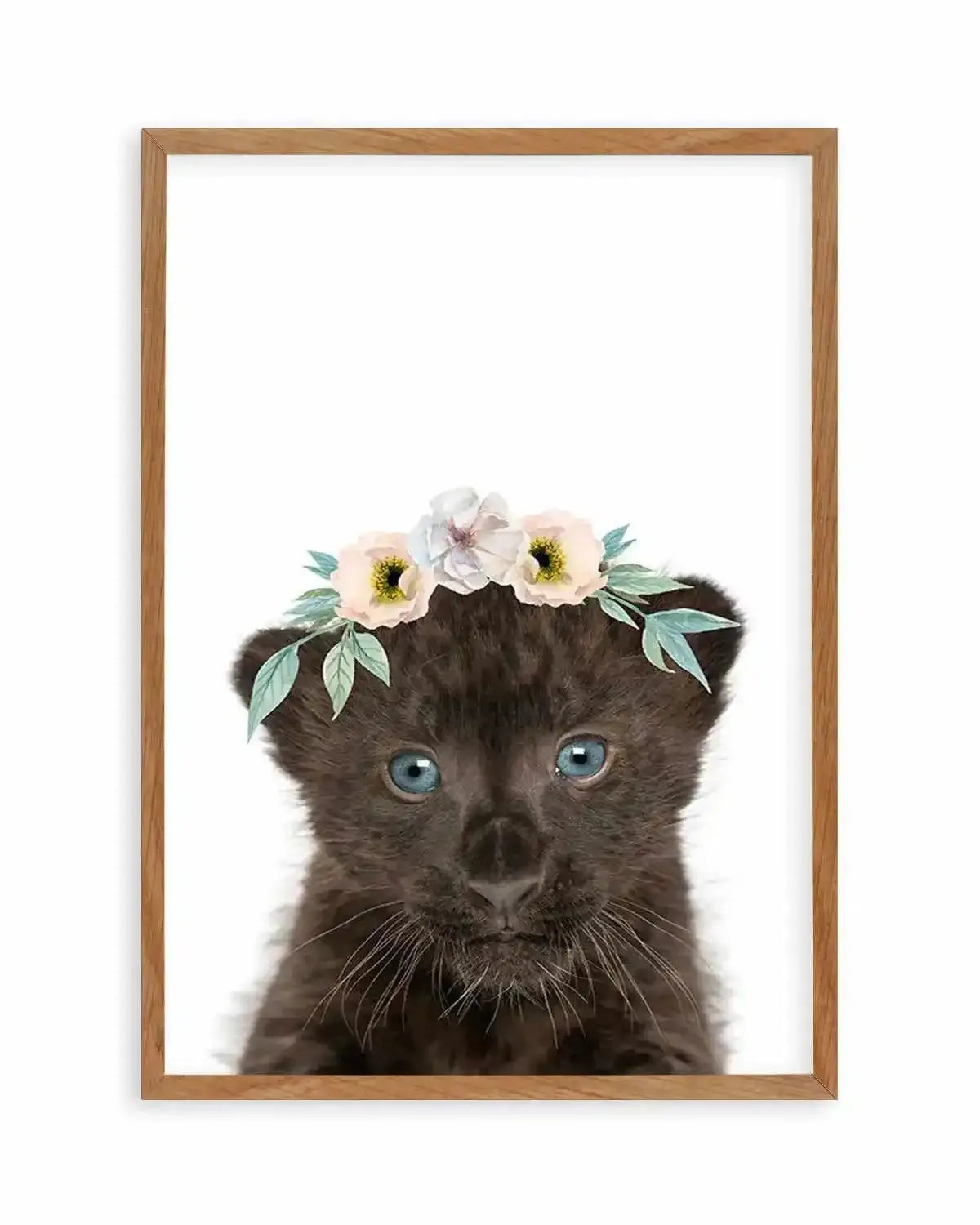 Little Black Leopard Cub | Flower Crown Art Print from Olive et Oriel where you can shop wallpaper and artworks online