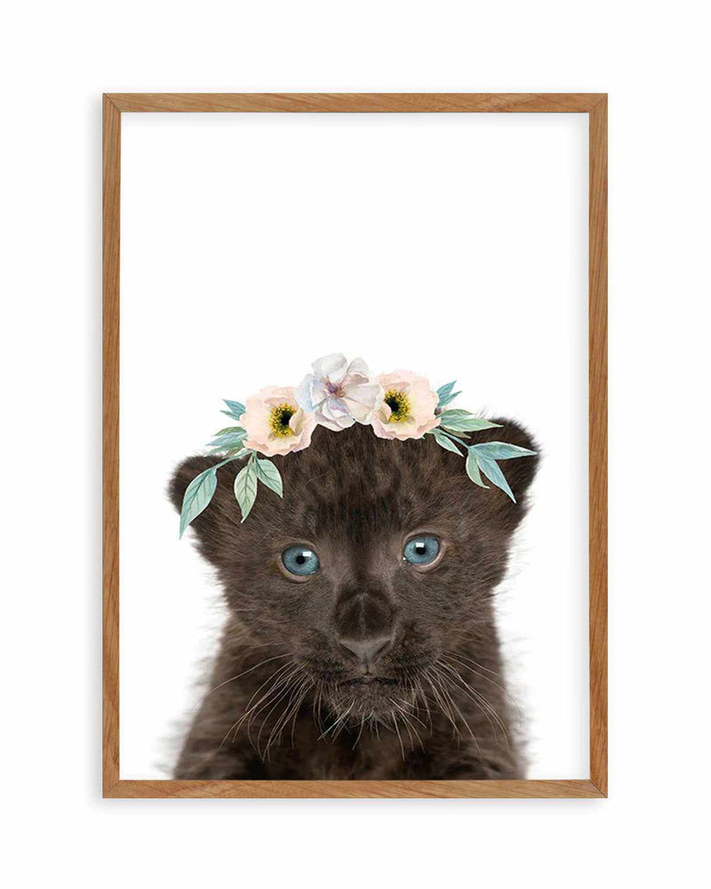 Little Black Leopard Cub | Flower Crown Art Print