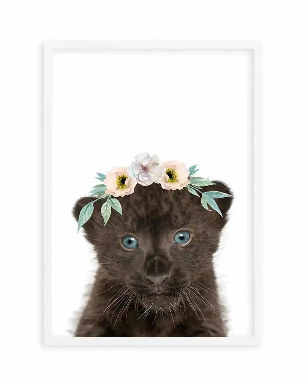 Little Black Leopard Cub | Flower Crown Art Print from Olive et Oriel where you can shop wallpaper and artworks online