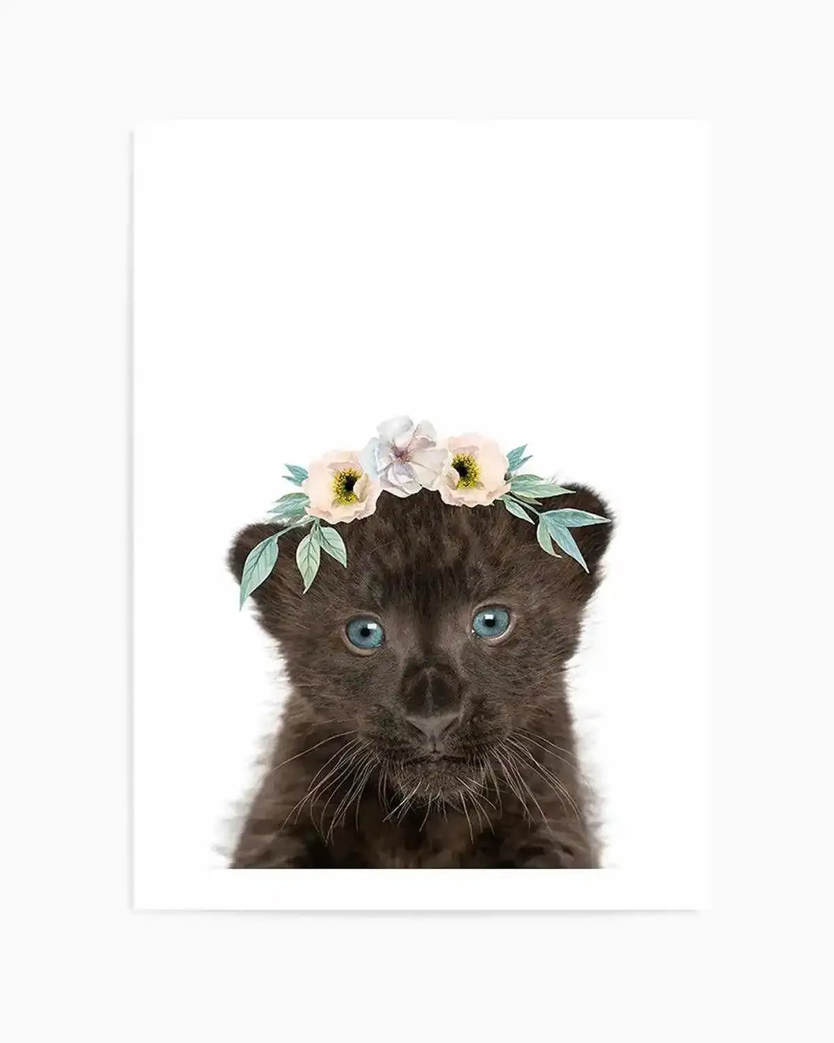 Little Black Leopard Cub | Flower Crown Art Print from Olive et Oriel where you can shop wallpaper and artworks online
