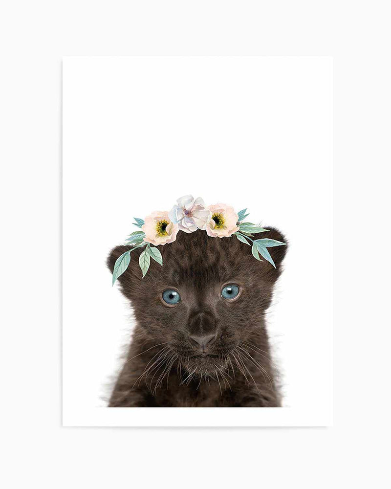 Little Black Leopard Cub | Flower Crown Art Print