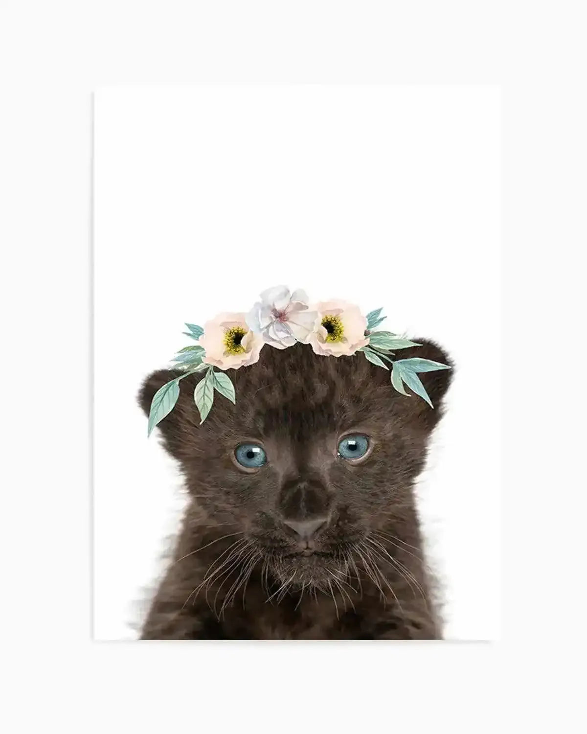 Little Black Leopard Cub | Flower Crown Art Print from Olive et Oriel where you can shop wallpaper and artworks online