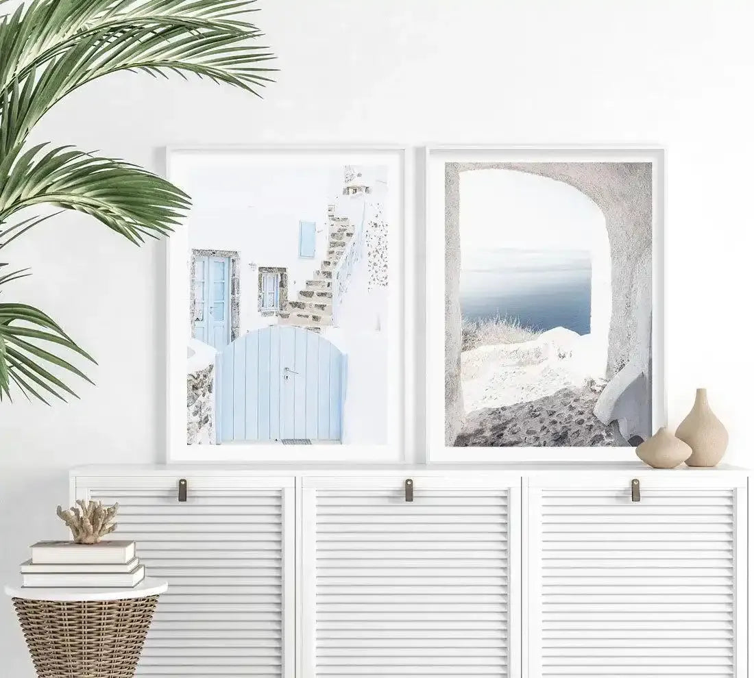 Little Blue Gate | Santorini Art Print-Shop Greece Wall Art Prints Online with Olive et Oriel - Our collection of Greek Islands art prints offer unique wall art including blue domes of Santorini in Oia, mediterranean sea prints and incredible posters from Milos and other Greece landscape photography - this collection will add mediterranean blue to your home, perfect for updating the walls in coastal, beach house style. There is Greece art on canvas and extra large wall art with fast, free shippi