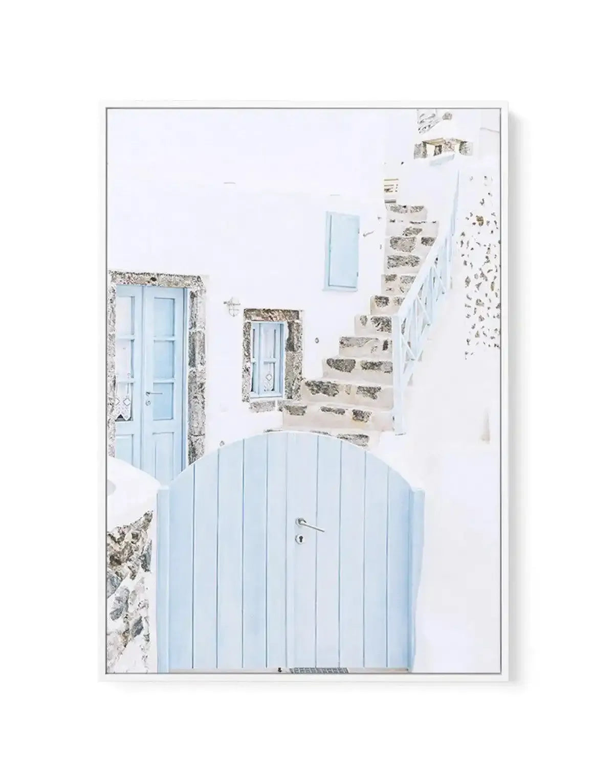 Little Blue Gate | Santorini | Framed Canvas-Shop Greece Wall Art Prints Online with Olive et Oriel - Our collection of Greek Islands art prints offer unique wall art including blue domes of Santorini in Oia, mediterranean sea prints and incredible posters from Milos and other Greece landscape photography - this collection will add mediterranean blue to your home, perfect for updating the walls in coastal, beach house style. There is Greece art on canvas and extra large wall art with fast, free 