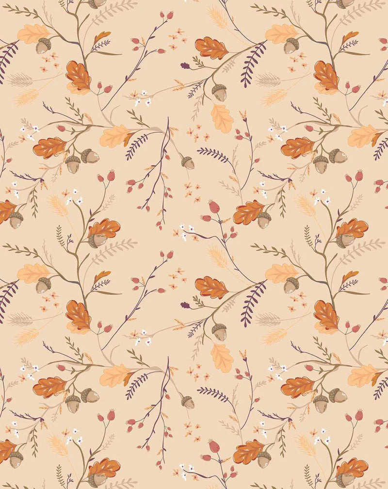 Peel and stick wallpaper featuring a repeating pattern of hand-drawn autumn foliage, including oak leaves in shades of burnt orange and golden yellow, acorns with light brown caps, delicate white and tiny orange flowers, and thin branches with small purple leaves and red berries, all on a light beige background.