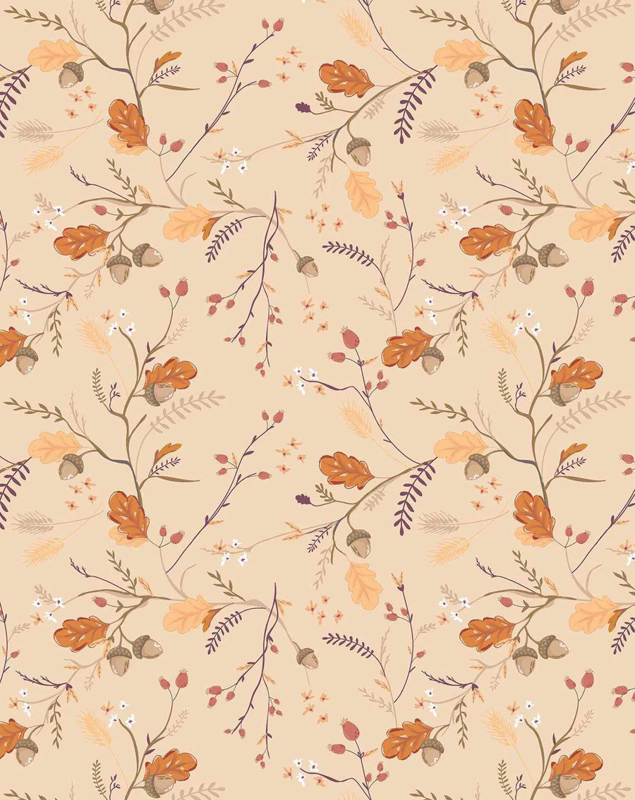Peel and stick wallpaper featuring a repeating pattern of hand-drawn autumn foliage, including oak leaves in shades of burnt orange and golden yellow, acorns with light brown caps, delicate white and tiny orange flowers, and thin branches with small purple leaves and red berries, all on a light beige background.