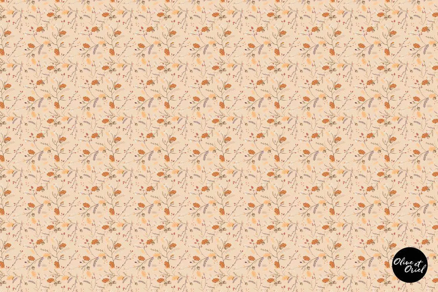 Peel and stick wallpaper featuring a repeating pattern of delicate hand-drawn branches with small orange-red berries and leaves in shades of muted orange, brown, and cream on a soft beige background. The botanical design has a gentle, organic illustrated quality.
