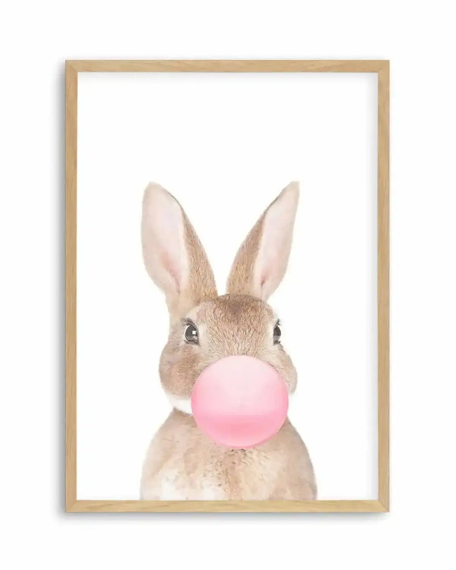 Little Bunny | Blowing Pink Bubble Art Print brown art print
