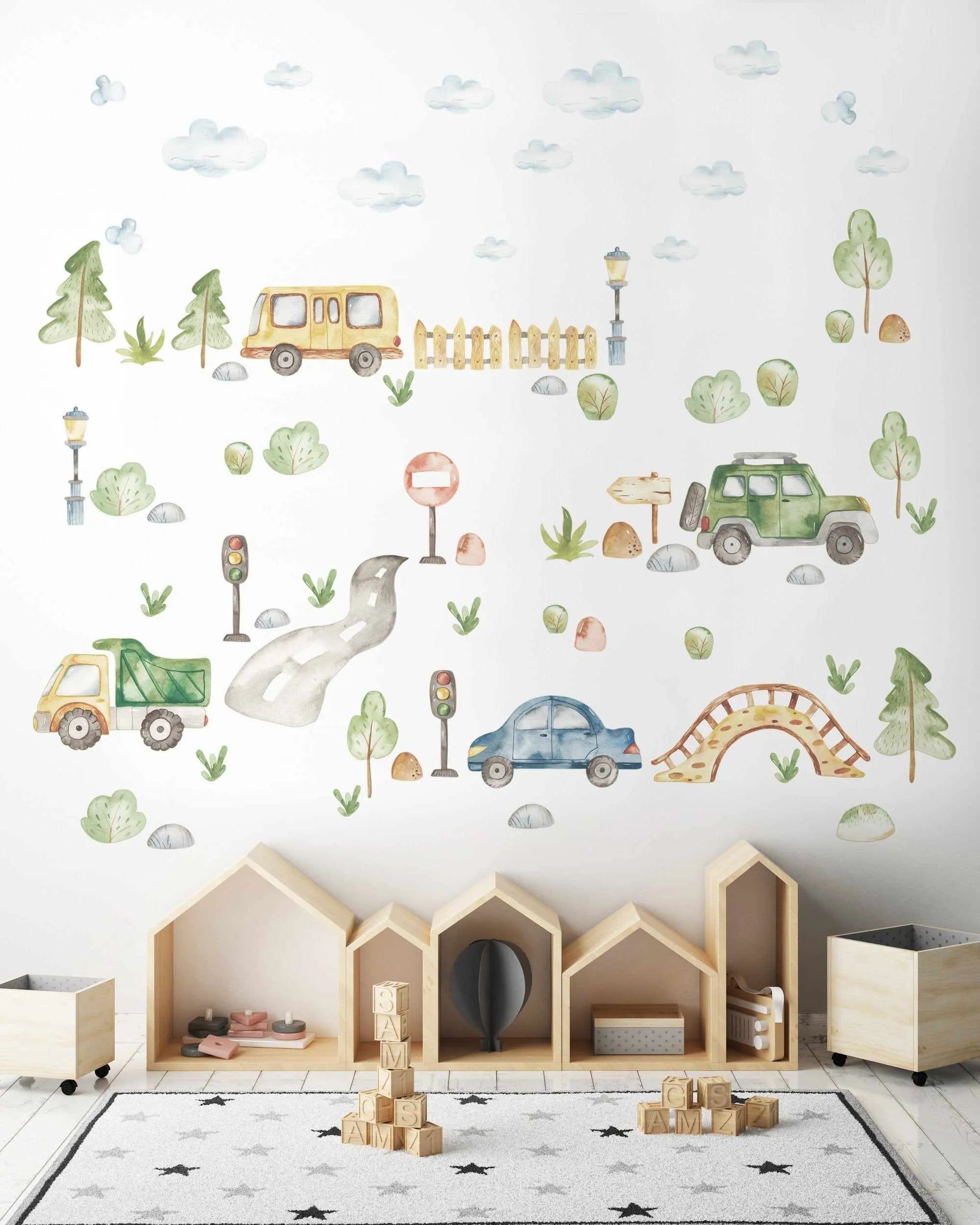 Little Cars Adventure Decal Set-Decals-Olive et Oriel-Decorate your kids bedroom wall decor with removable wall decals, these fabric kids decals are a great way to add colour and update your children's bedroom. Available as girls wall decals or boys wall decals, there are also nursery decals.