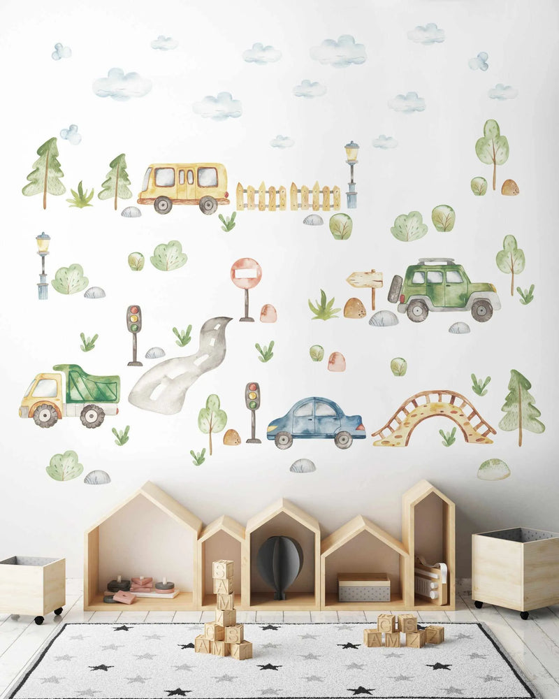 Little Cars Adventure Decal Set-Decals-Olive et Oriel-Decorate your kids bedroom wall decor with removable wall decals, these fabric kids decals are a great way to add colour and update your children's bedroom. Available as girls wall decals or boys wall decals, there are also nursery decals.