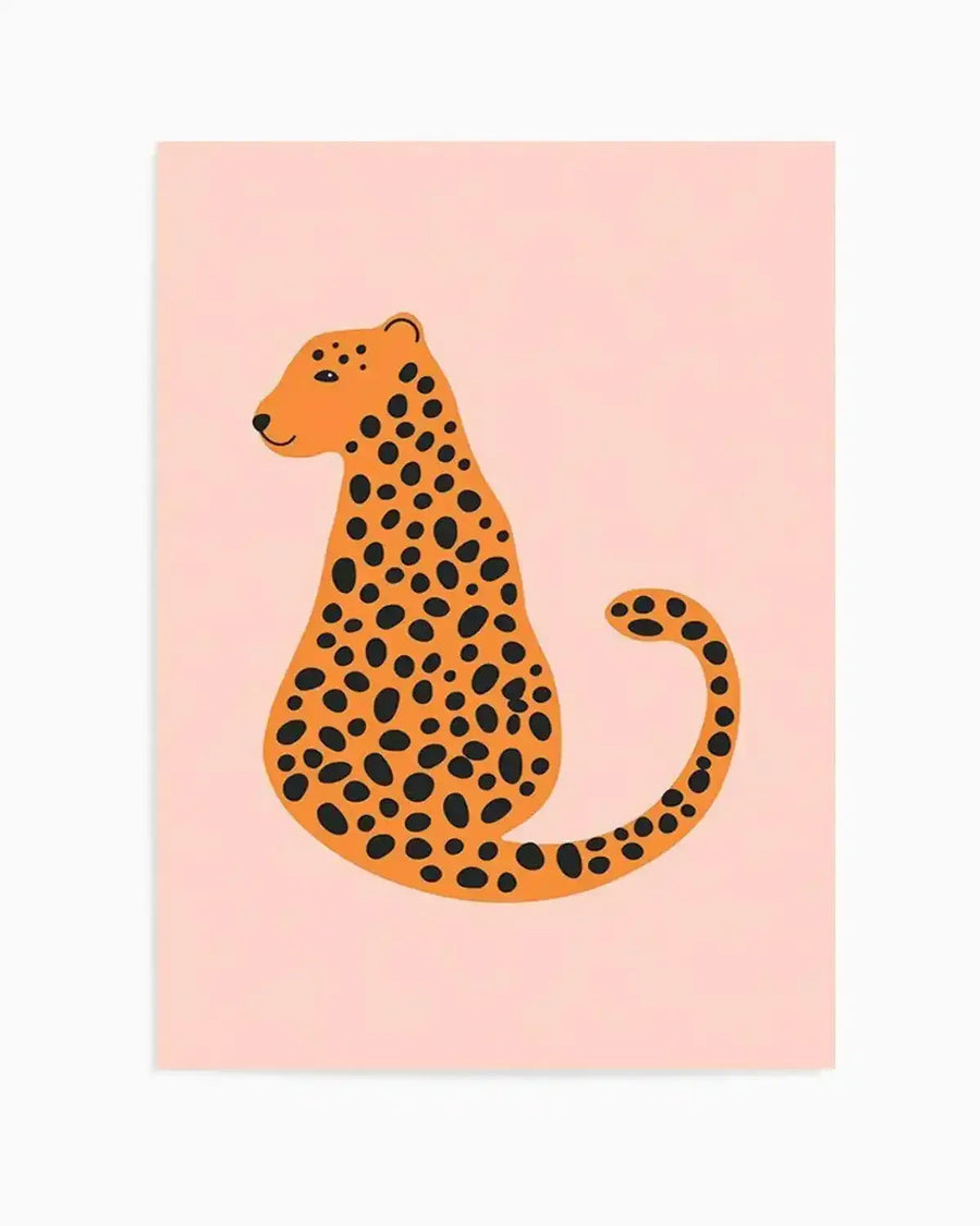Illustration art print featuring a stylized cheetah sitting, facing left, with a long, curved tail. The cheetah has an orange body with numerous black spots of varying sizes, and a light pink background. The illustration has a simple, playful quality.