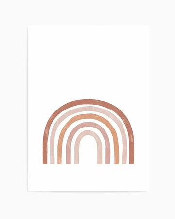 Watercolour art print featuring a rainbow with five arches in muted, earthy tones on a white background. The arches are painted with visible brushstrokes, from outermost to innermost: a warm terracotta brown, a dusty rose pink, a soft peach, a pale blush pink, and a light beige.
