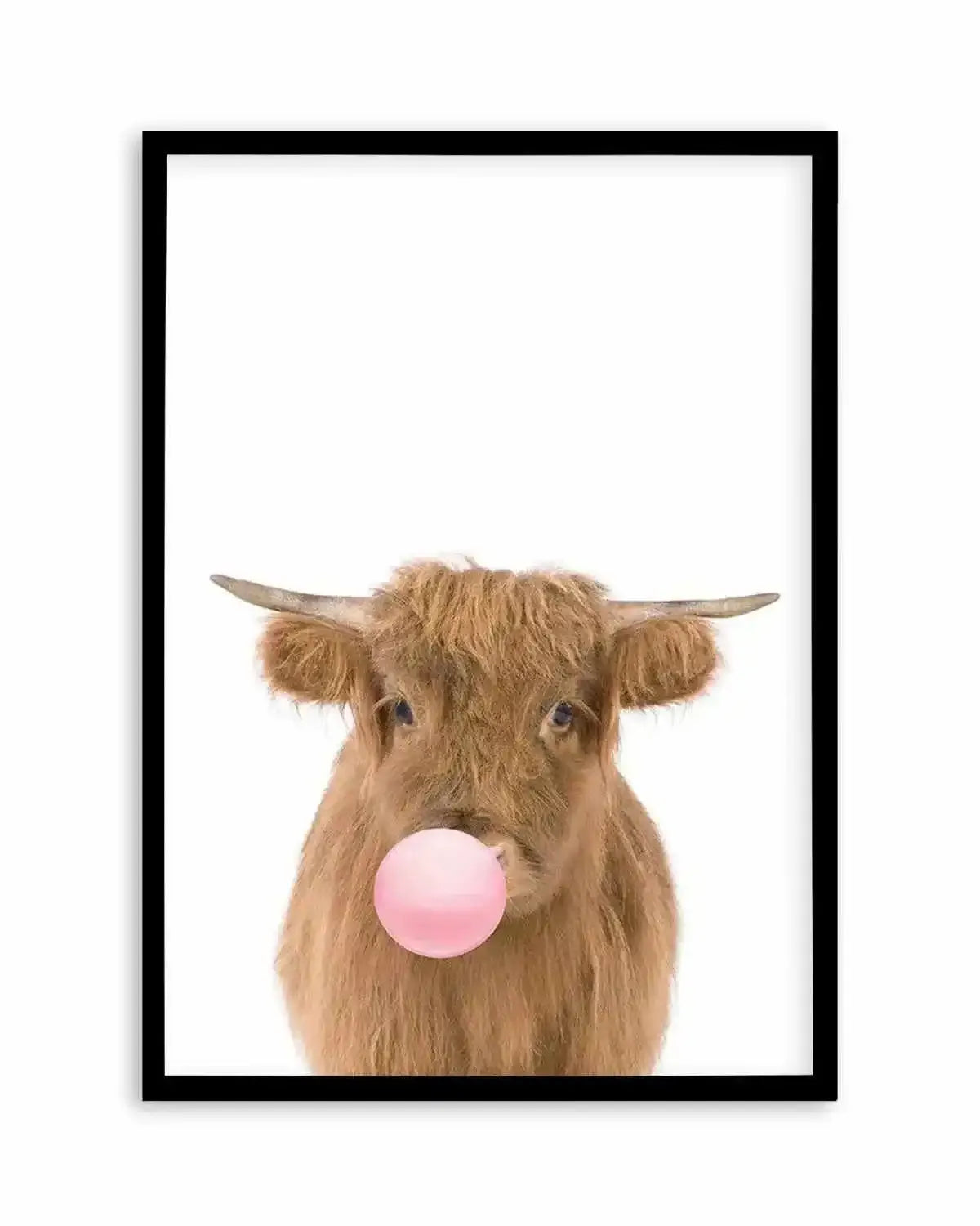 Little Highlander Cow | Blowing Pink Bubble Art Print from Olive et Oriel where you can shop wallpaper and artworks online