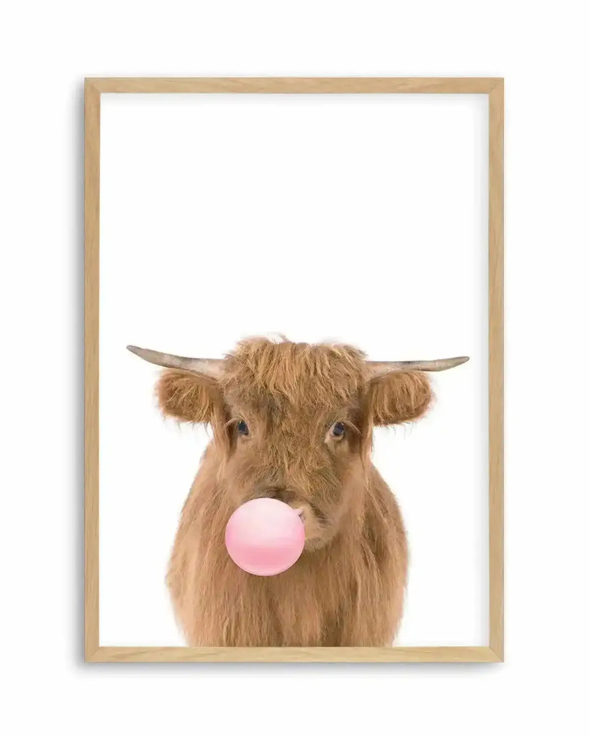Little Highlander Cow | Blowing Pink Bubble Art Print from Olive et Oriel where you can shop wallpaper and artworks online