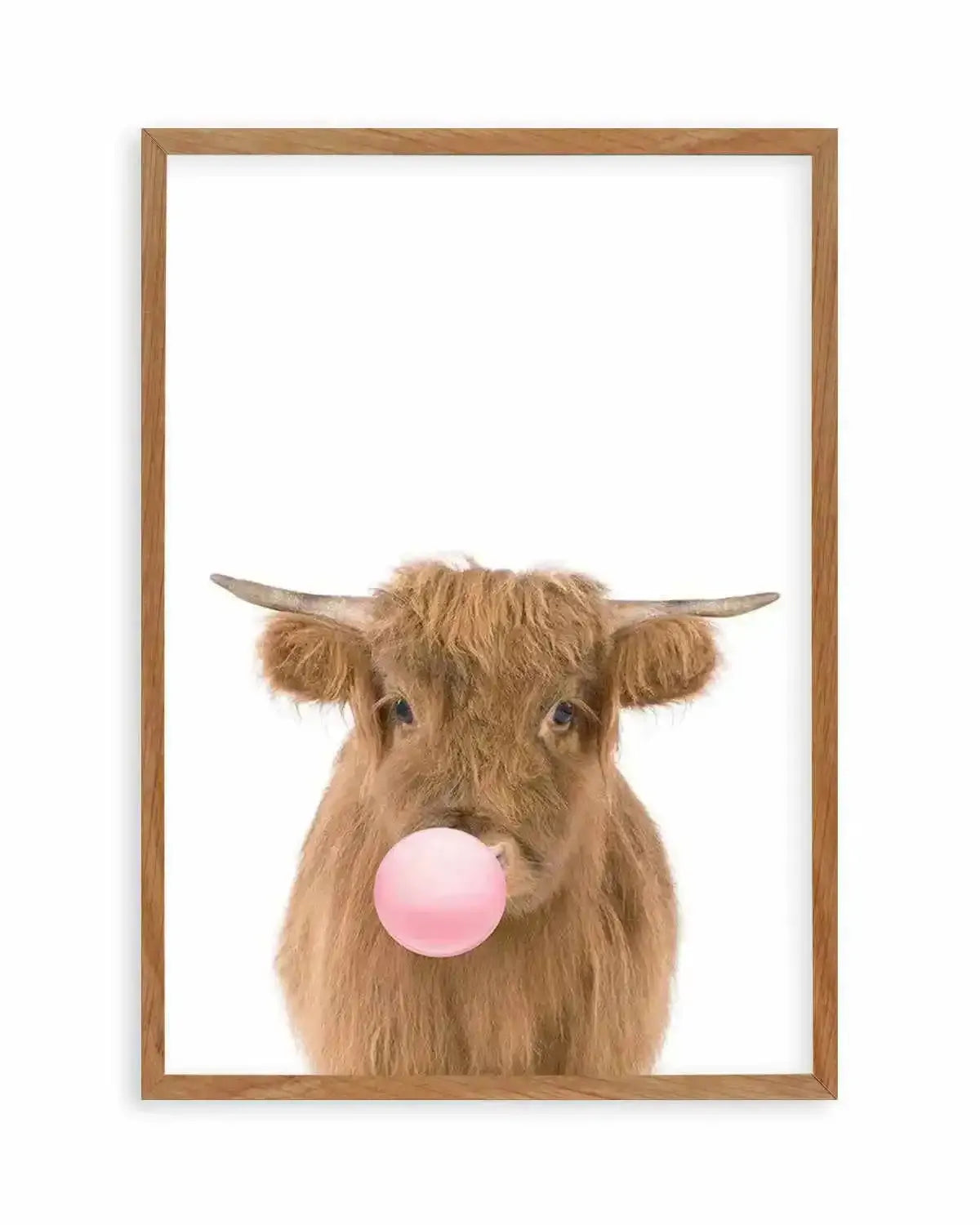 Little Highlander Cow | Blowing Pink Bubble Art Print from Olive et Oriel where you can shop wallpaper and artworks online