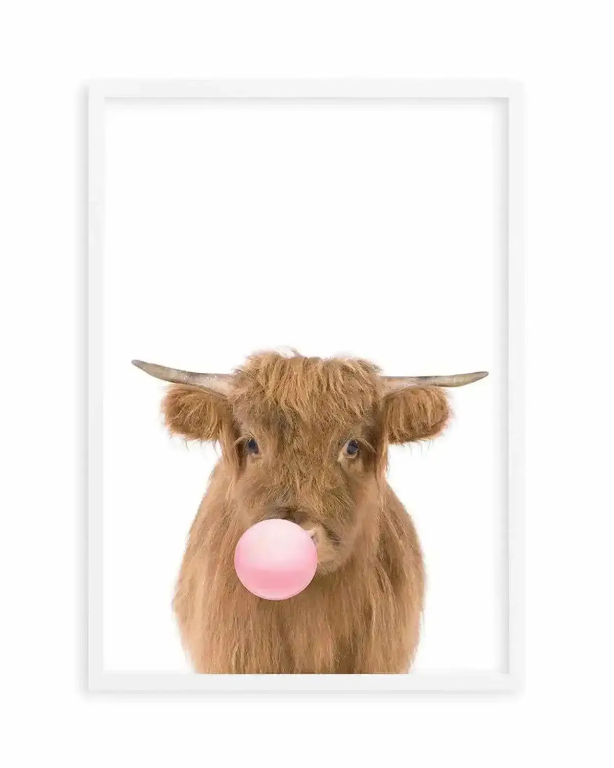 Little Highlander Cow | Blowing Pink Bubble Art Print from Olive et Oriel where you can shop wallpaper and artworks online