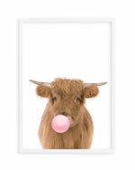 Little Highlander Cow | Blowing Pink Bubble Art Print