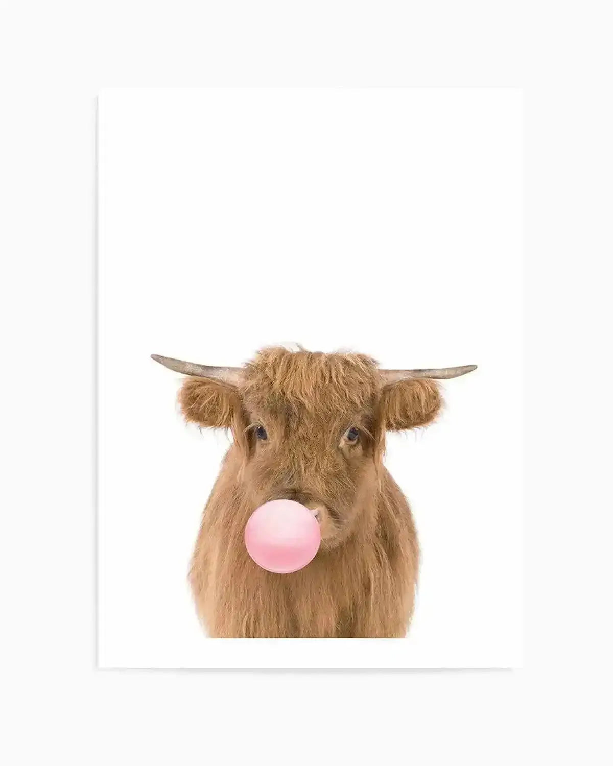 Little Highlander Cow | Blowing Pink Bubble Art Print from Olive et Oriel where you can shop wallpaper and artworks online