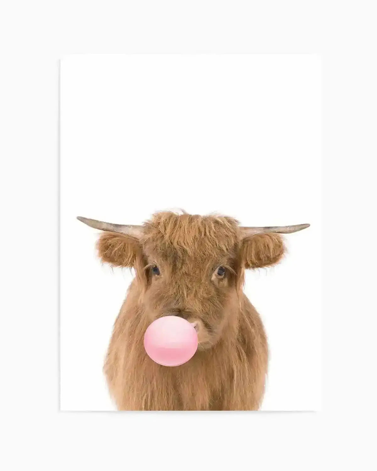 Little Highlander Cow | Blowing Pink Bubble Art Print from Olive et Oriel where you can shop wallpaper and artworks online