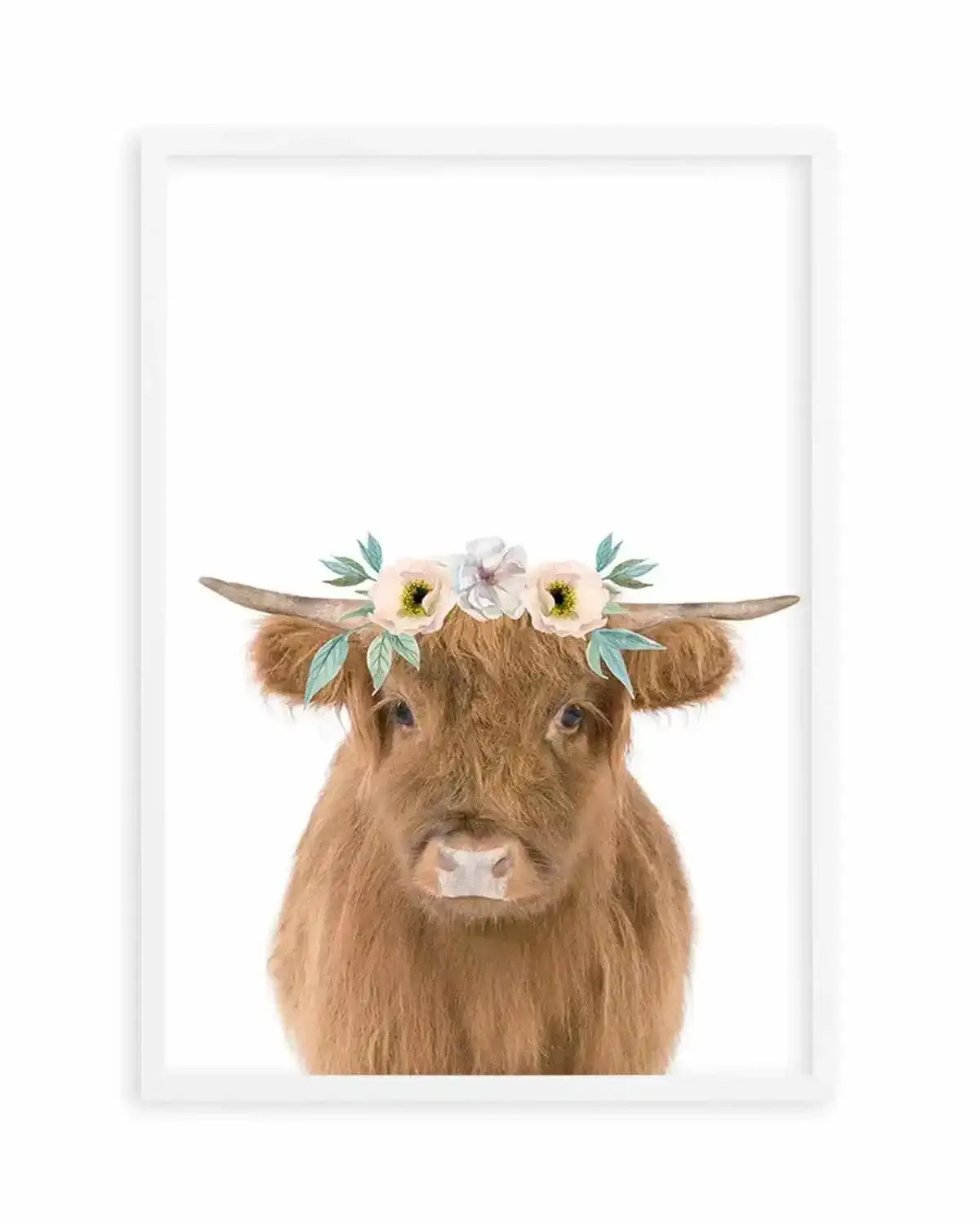 Little Highlander Cow | Flower Crown Art Print from Olive et Oriel where you can shop wallpaper and artworks online