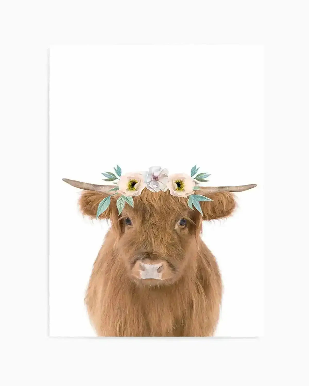 Little Highlander Cow | Flower Crown Art Print from Olive et Oriel where you can shop wallpaper and artworks online