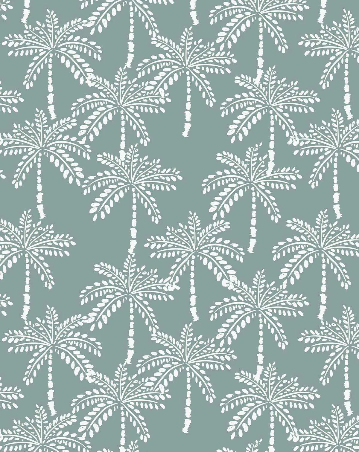 Peel and stick wallpaper featuring a repeating pattern of hand-drawn palm trees in off-white on a muted khaki green background. The design has a slightly distressed, block-printed texture, with visible brushstroke details on the leaves and trunks.