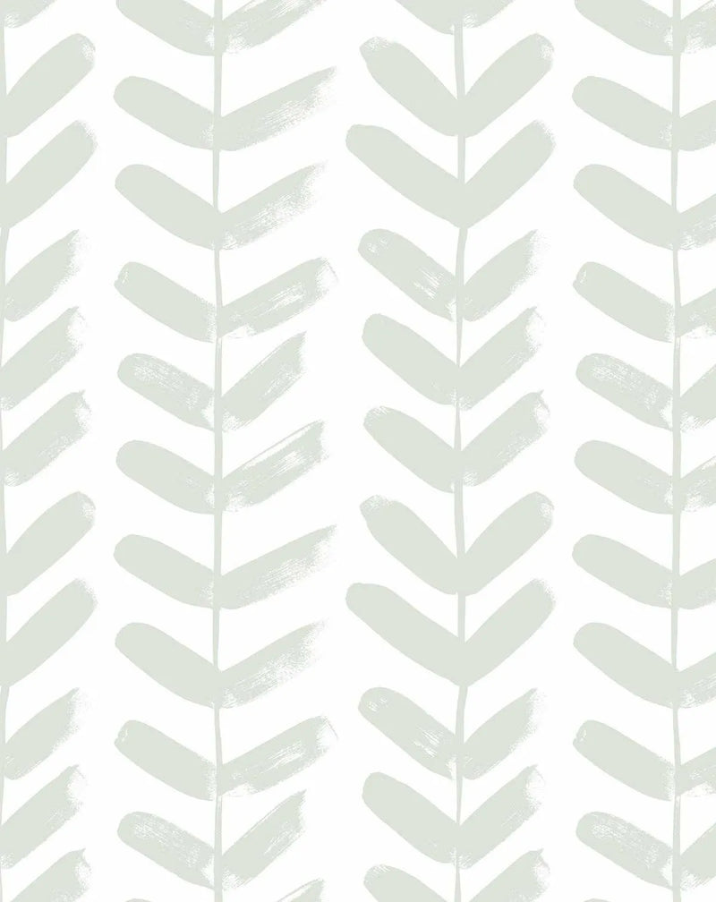 Peel and stick wallpaper featuring a repeating pattern of hand-painted chevron-like leaves in a muted sage green on a soft white background. The botanical design has a loose, organic quality with visible brushstroke texture.