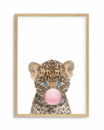 Little Leopard Cub | Blowing Pink Bubble Art Print art print