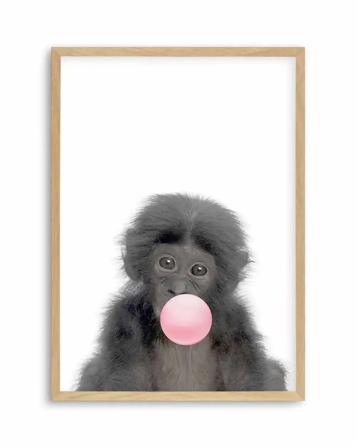 Little Monkey | Blowing Pink Bubble Art Print from Olive et Oriel where you can shop wallpaper and artworks online
