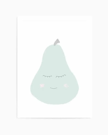 Illustration of a smiling pear character with a soft, rounded shape in pale mint green. The pear has a gray-brown stem at the top, closed eyes depicted with simple lashes, a gentle curved smile, and small white circular cheeks. The artwork is rendered in a minimalist style with a calm, peaceful mood against a white background.