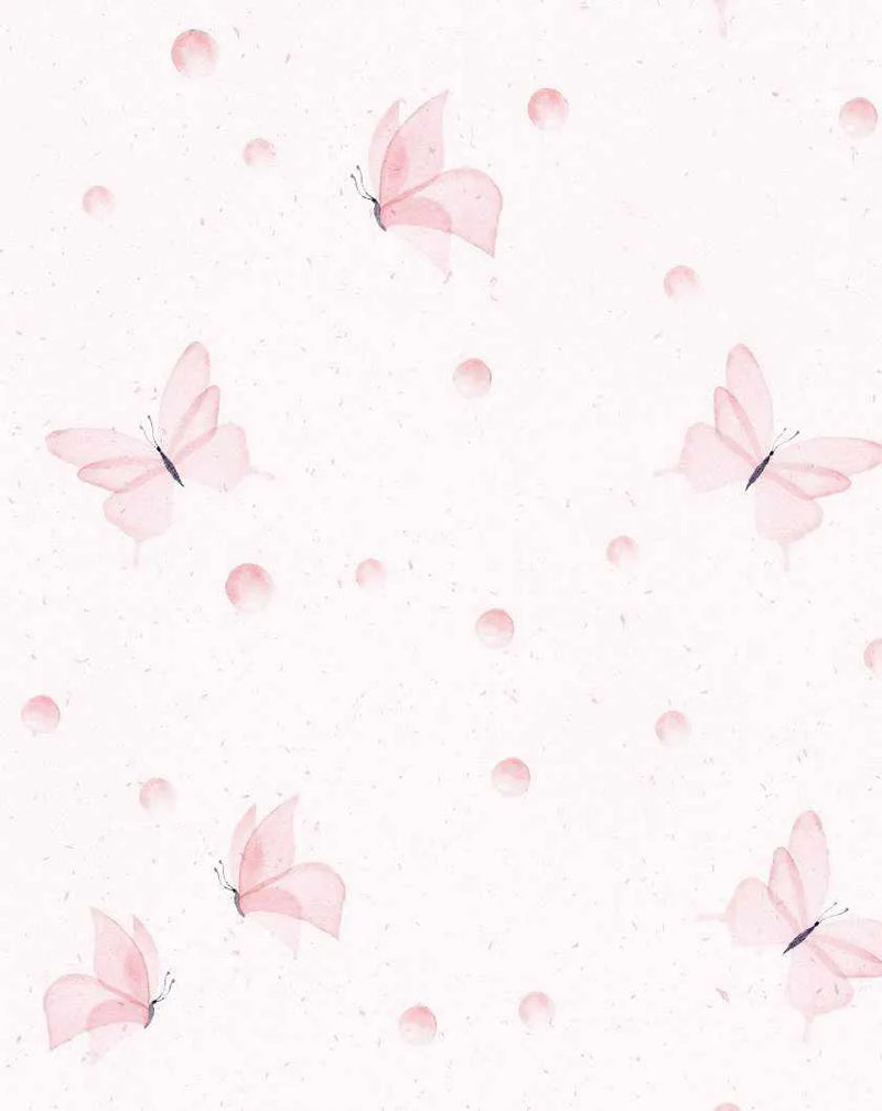 Peel and stick wallpaper featuring a repeating pattern of delicate, translucent pink butterflies and scattered soft pink polka dots on a textured white background. The butterflies are rendered in a watercolour style with visible brushstrokes, appearing to float gracefully across the design.