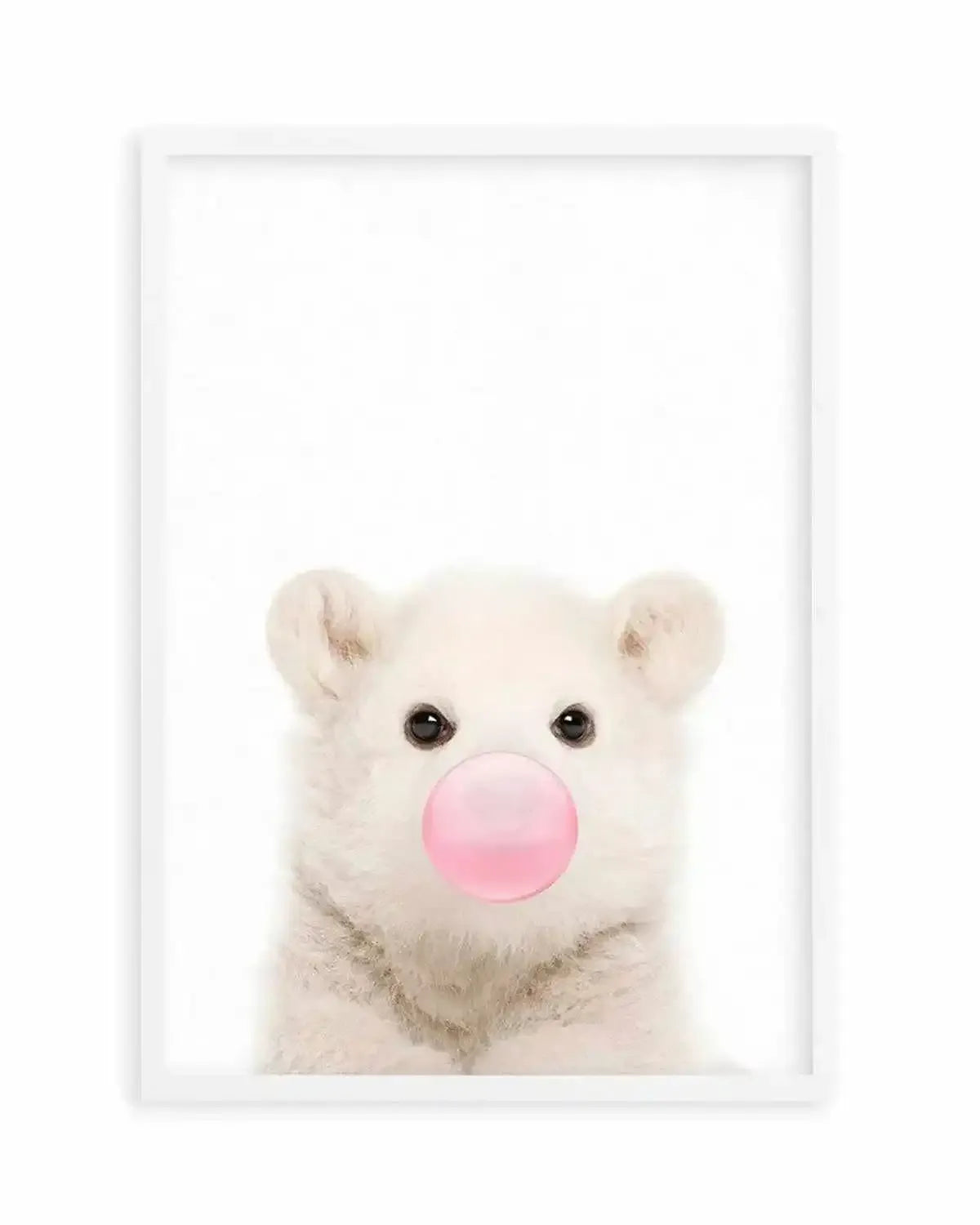 Little Polar Bear | Blowing Pink Bubble Art Print from Olive et Oriel where you can shop wallpaper and artworks online
