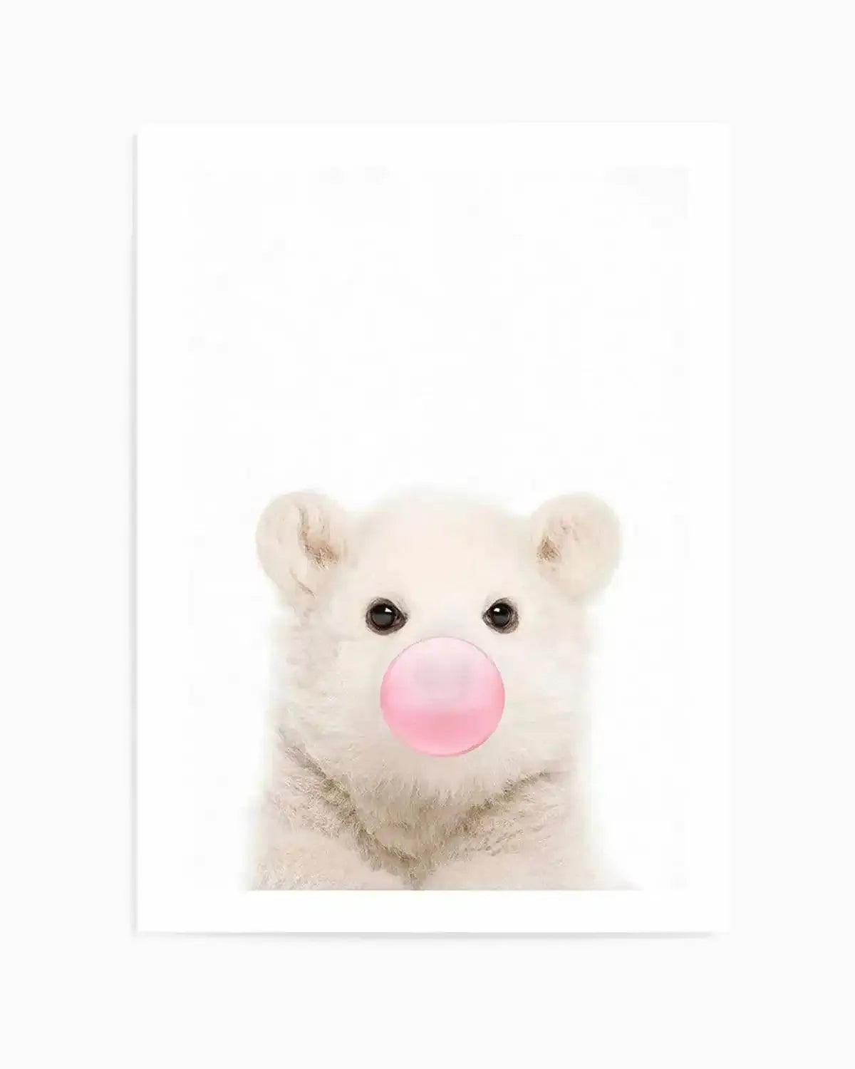 Little Polar Bear | Blowing Pink Bubble Art Print from Olive et Oriel where you can shop wallpaper and artworks online