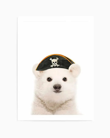 Art Print (illustration):
"Illustration art print featuring a fluffy white polar bear cub wearing a black pirate hat with a white skull and crossbones emblem, set against a stark white background. The cub has dark, expressive eyes and a small black nose, with soft, textured fur."