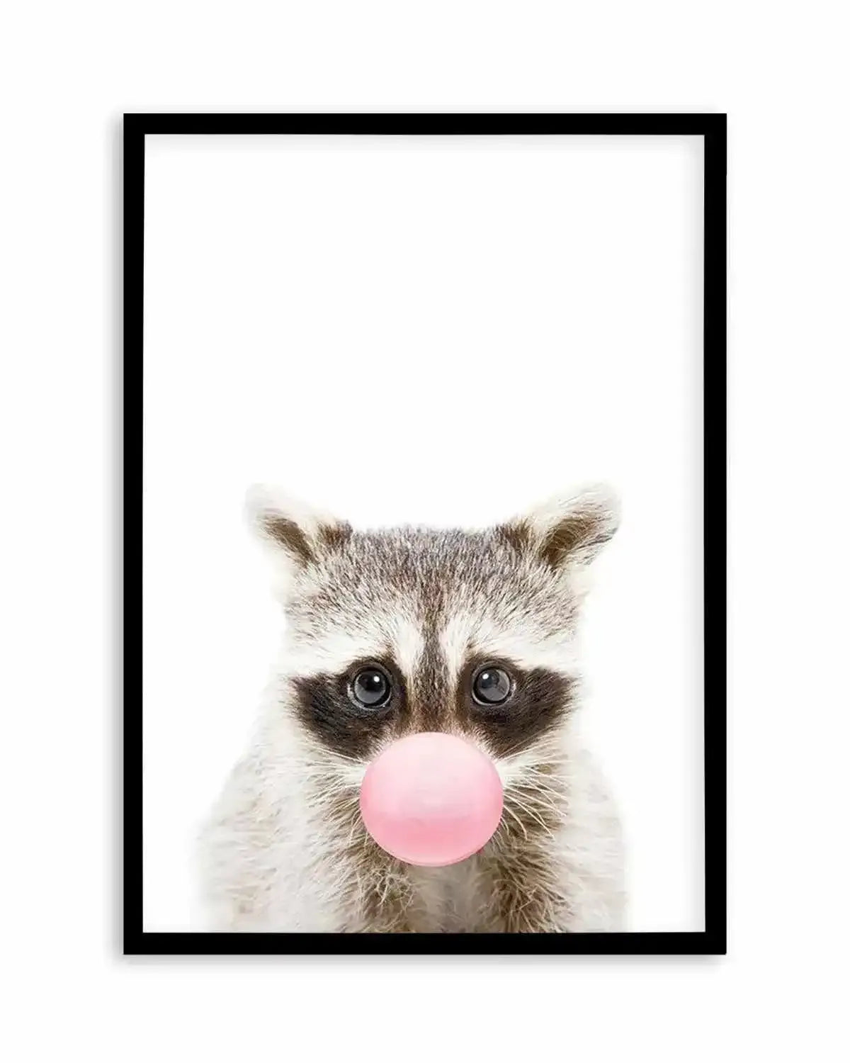Little Raccoon | Blowing Pink Bubble Art Print from Olive et Oriel where you can shop wallpaper and artworks online