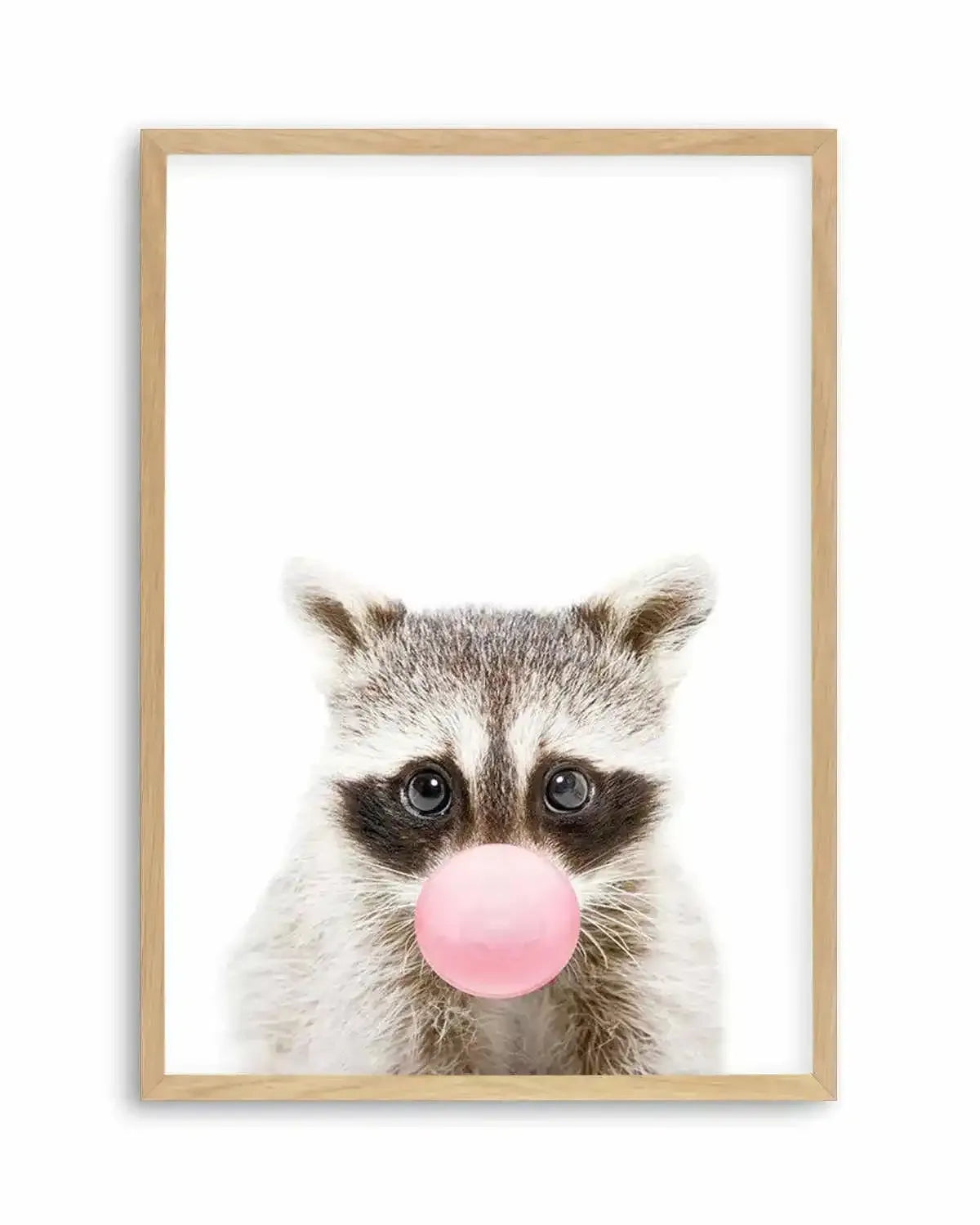 Little Raccoon | Blowing Pink Bubble Art Print from Olive et Oriel where you can shop wallpaper and artworks online