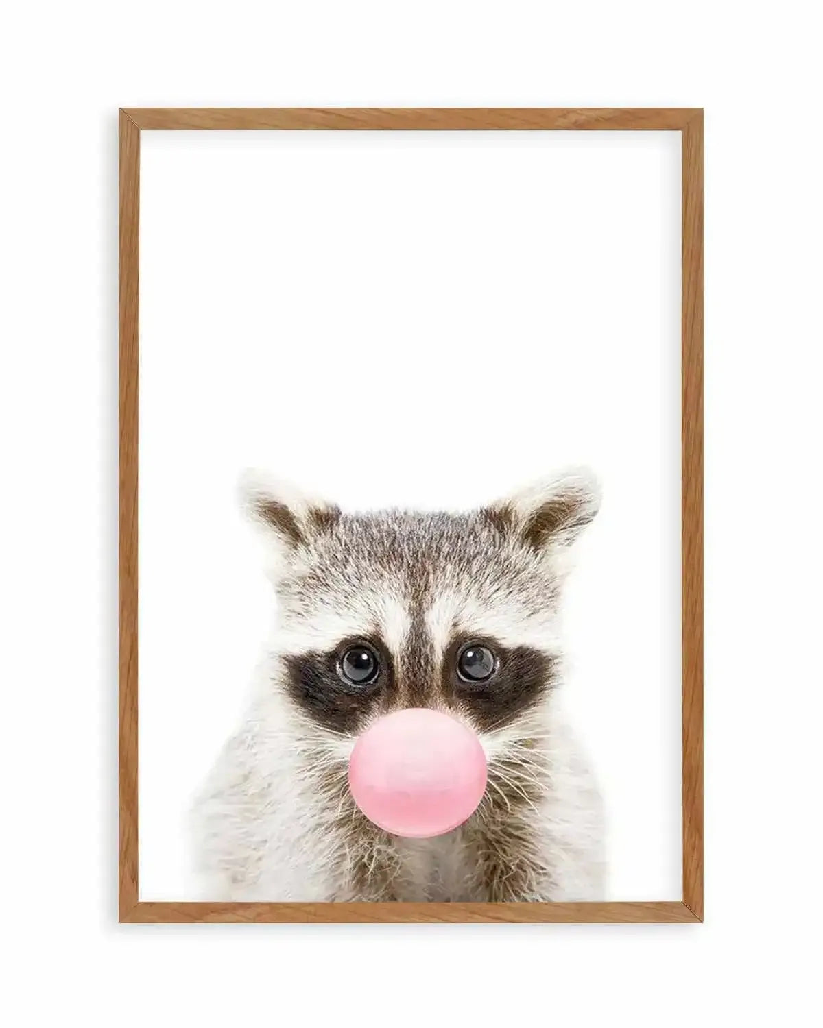 Little Raccoon | Blowing Pink Bubble Art Print from Olive et Oriel where you can shop wallpaper and artworks online