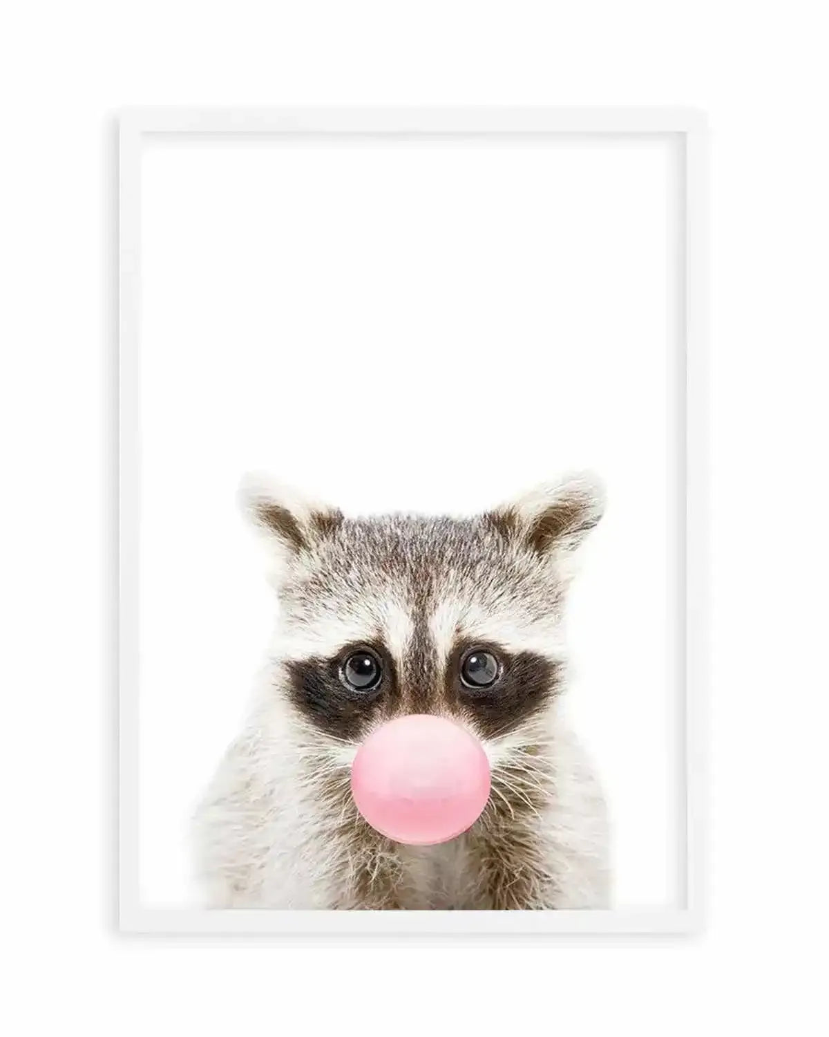 Little Raccoon | Blowing Pink Bubble Art Print from Olive et Oriel where you can shop wallpaper and artworks online