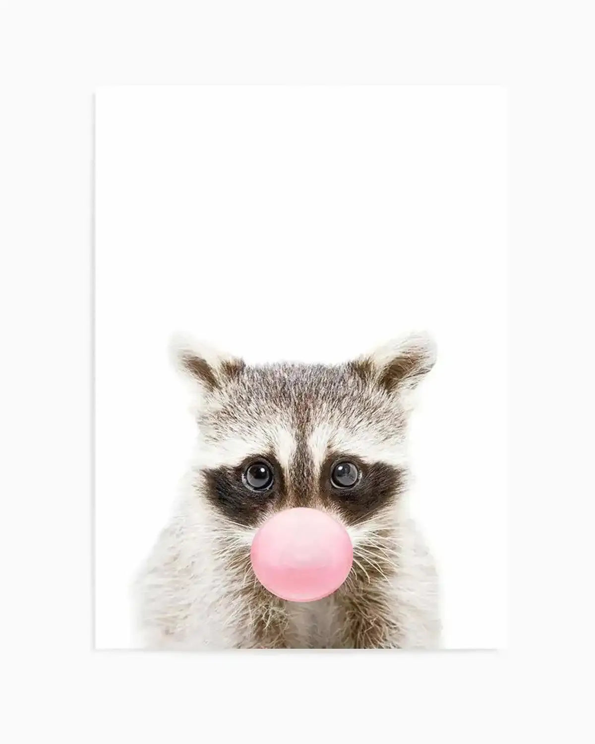 Little Raccoon | Blowing Pink Bubble Art Print from Olive et Oriel where you can shop wallpaper and artworks online
