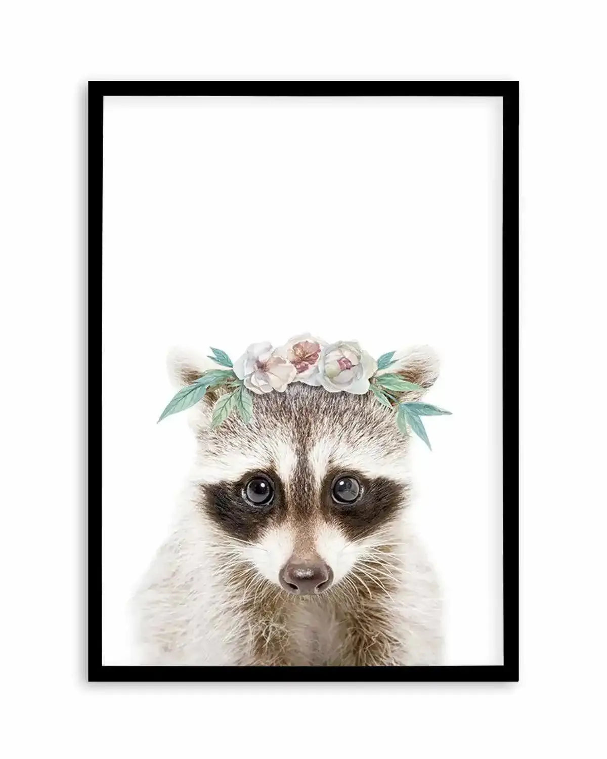 Little Raccoon | Flower Crown Art Print from Olive et Oriel where you can shop wallpaper and artworks online